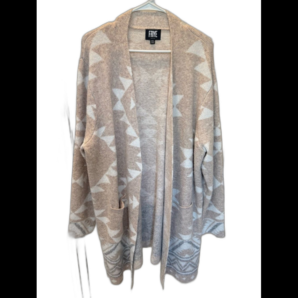 FRYE Taupe and Cream Aztec Open-Front Cardigan (long) XXL